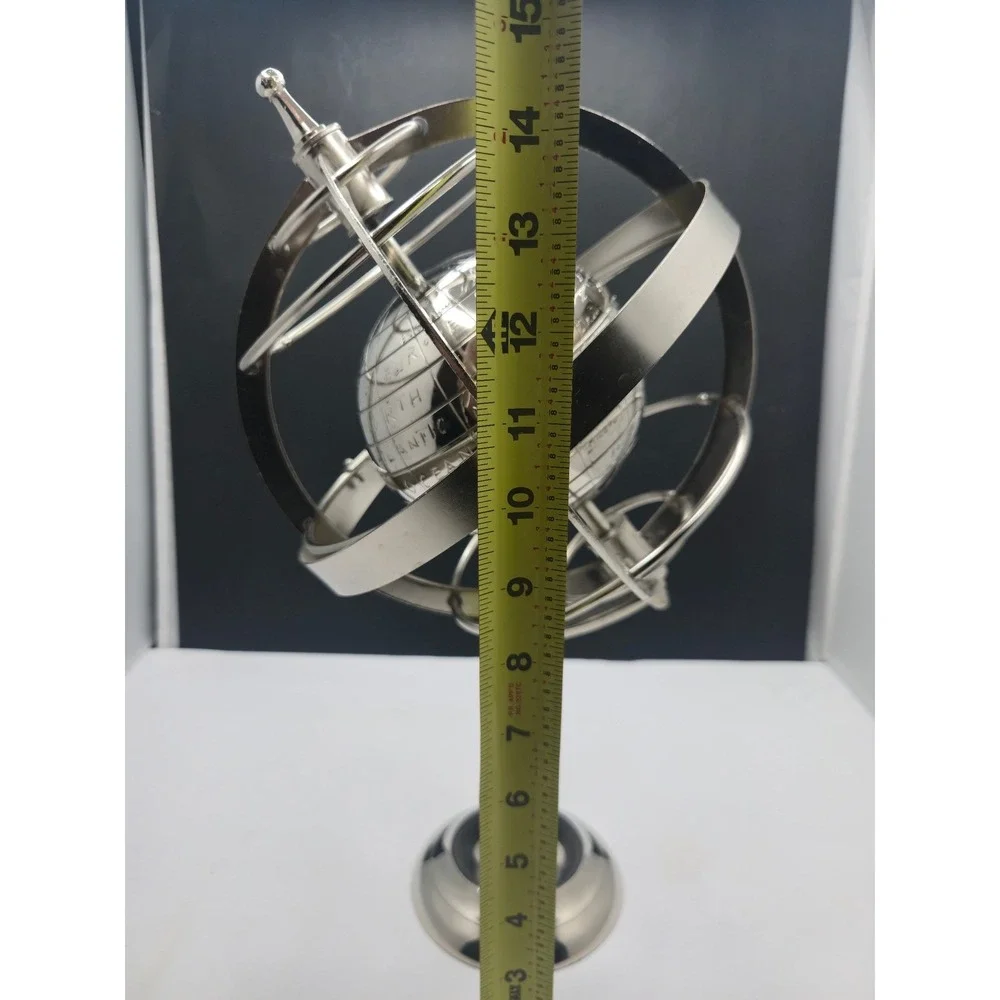 Silver Metal Armillary Sphere Globe Engraved Desktop Decor 13.5